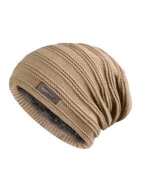 Tan Knitted Beanie with Plush Fleece Lining